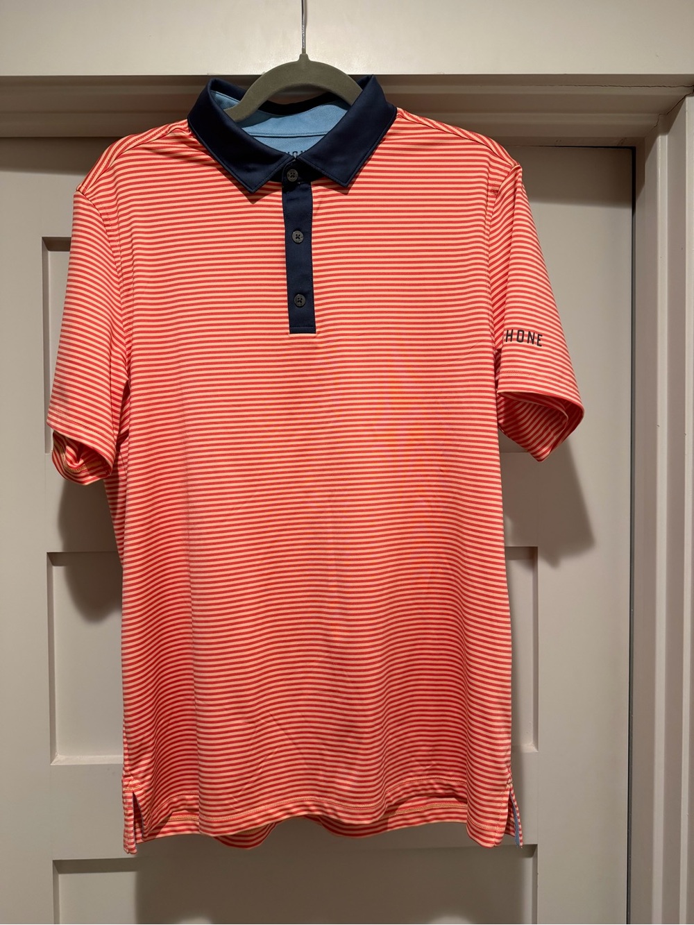 RHONE Men’s M Red Coral Stripe Golf Polo Navy Collar Performance